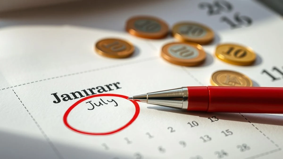 Imagen ilustrativa: primer plano de un calendario con los meses de enero y julio marcados en rojo, bolígrafo y monedas de euro desenfocadas al fondo.