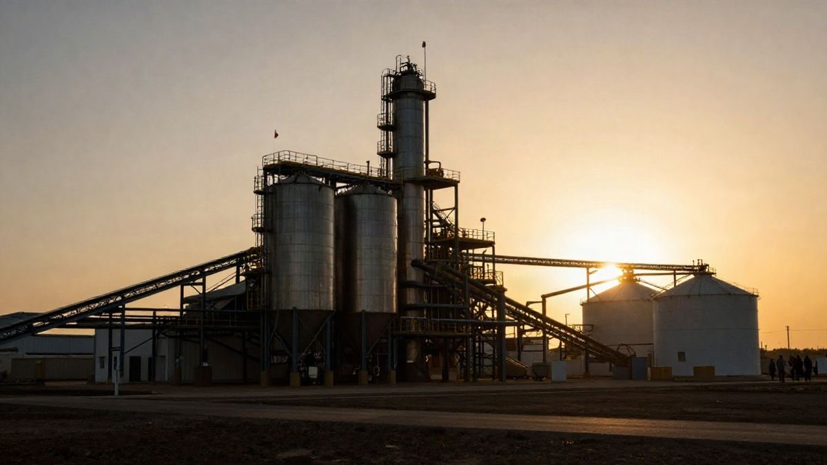 Imagen ilustrativa: silueta de una planta industrial moderna al atardecer, con largas sombras y luz dorada