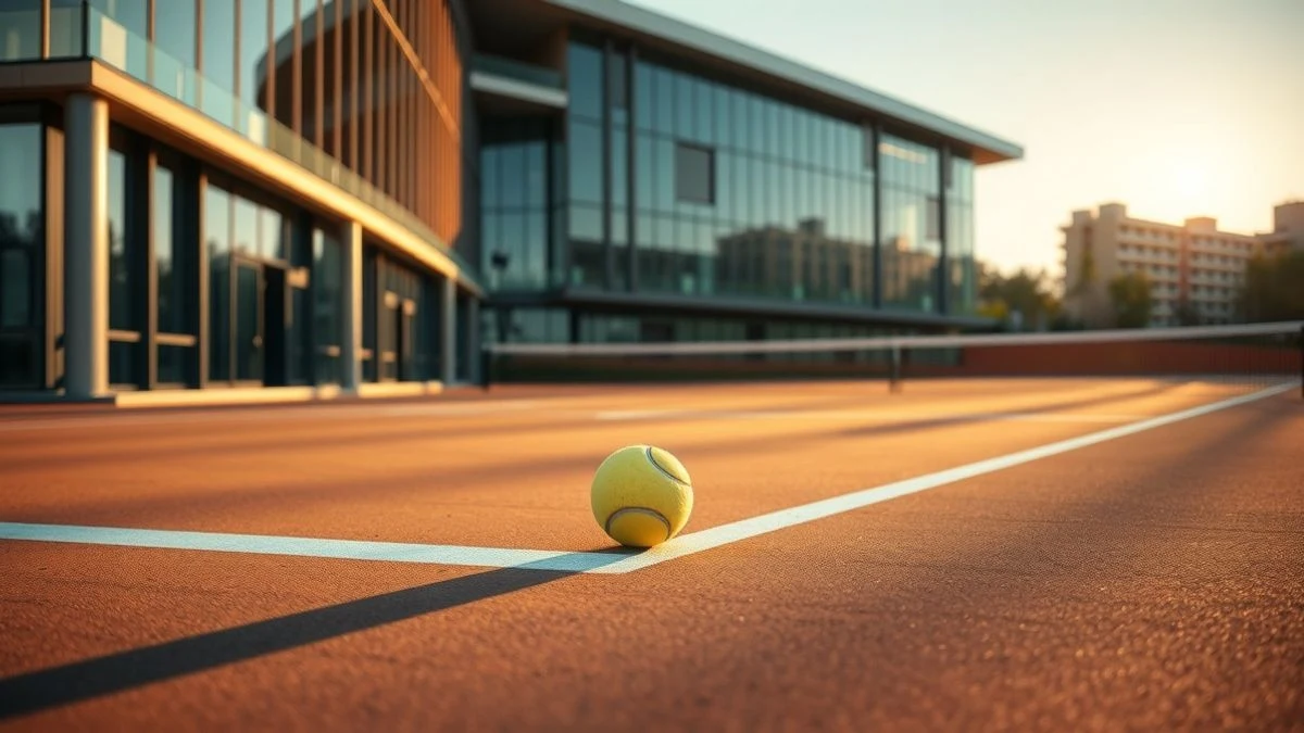 Pelota de tenis sobre una pista de tierra batida vacía, con el edificio de la academia al fondo desenfocado