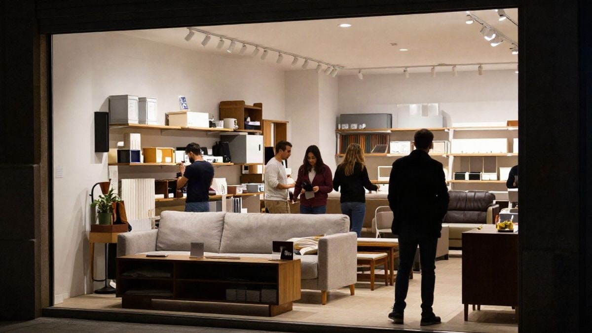 Imagen ilustrativa: interior de una tienda de muebles moderna iluminada por luces artificiales, mostrando exhibiciones de productos y un ambiente acogedor.