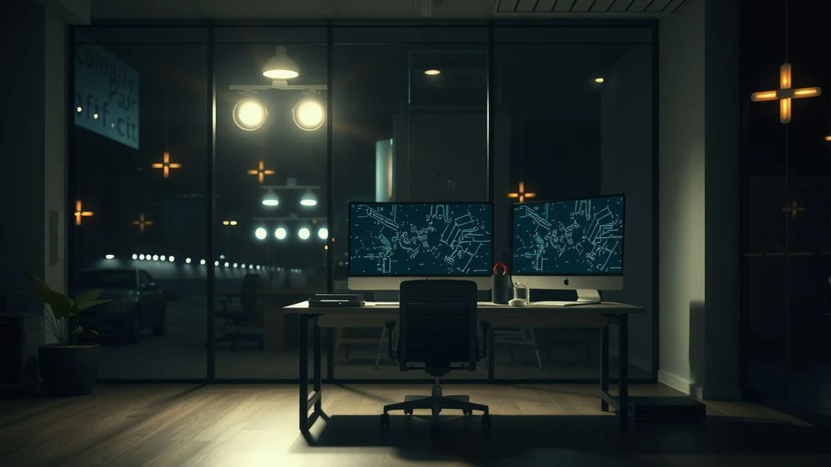 Oficina moderna de noche con luz artificial, monitor con gráficos abstractos de IA y silla vacía