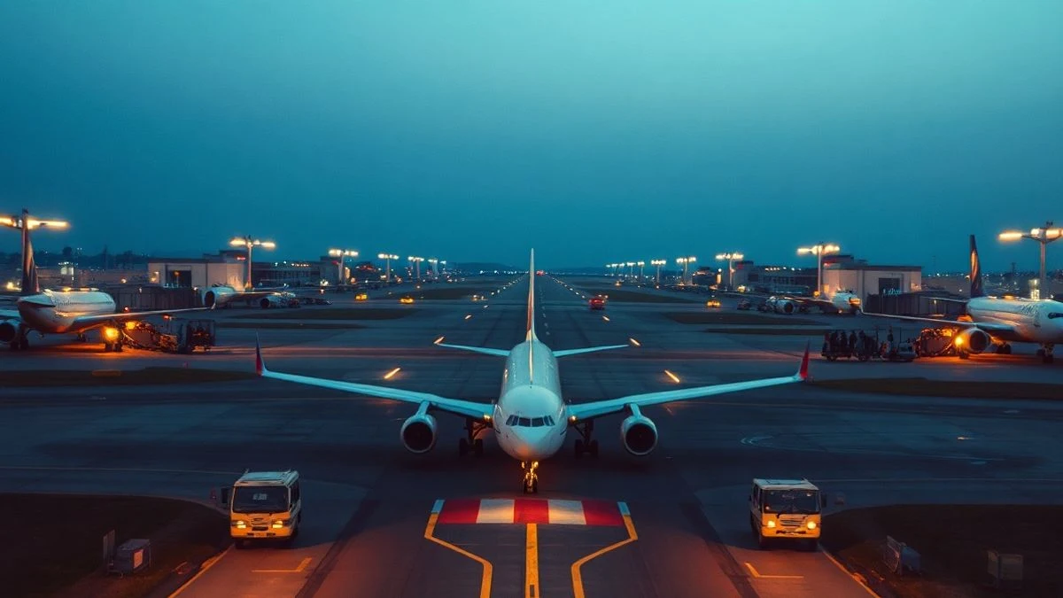 Imagen ilustrativa: vista aérea de un aeropuerto con una pista de aterrizaje y un avión de pasajeros en movimiento al atardecer.