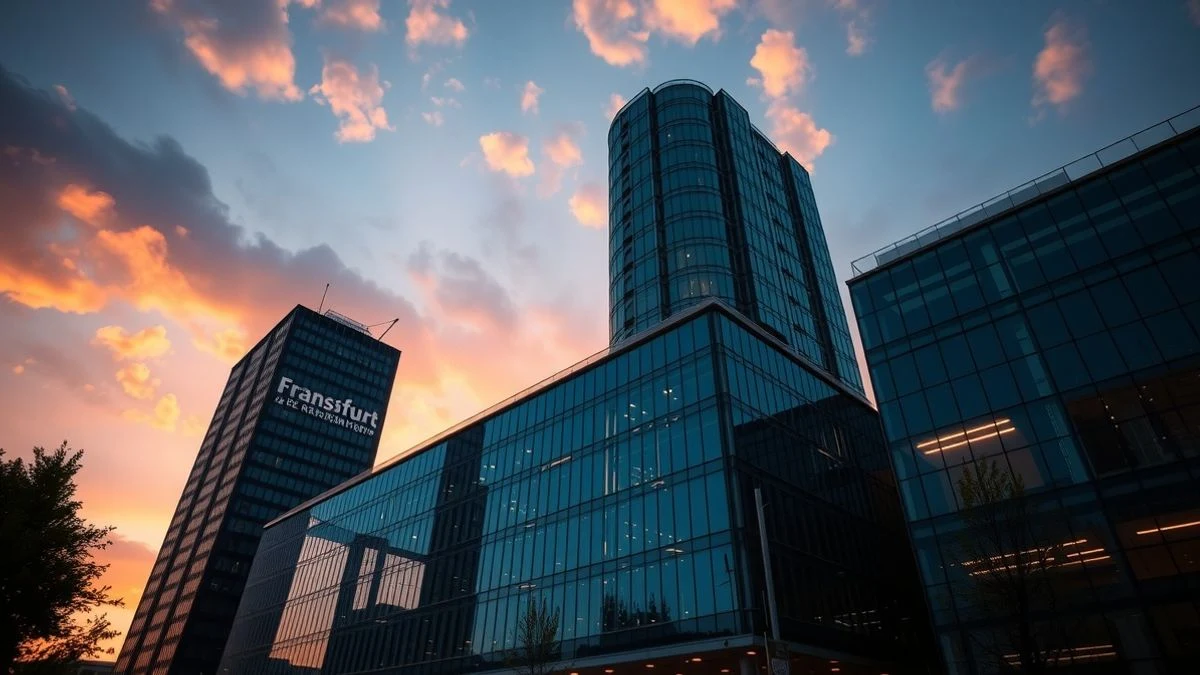 Imagen ilustrativa: La sede del BCE en Fráncfort al atardecer, con la silueta del edificio contra un cielo dorado y sombras alargadas en la plaza.