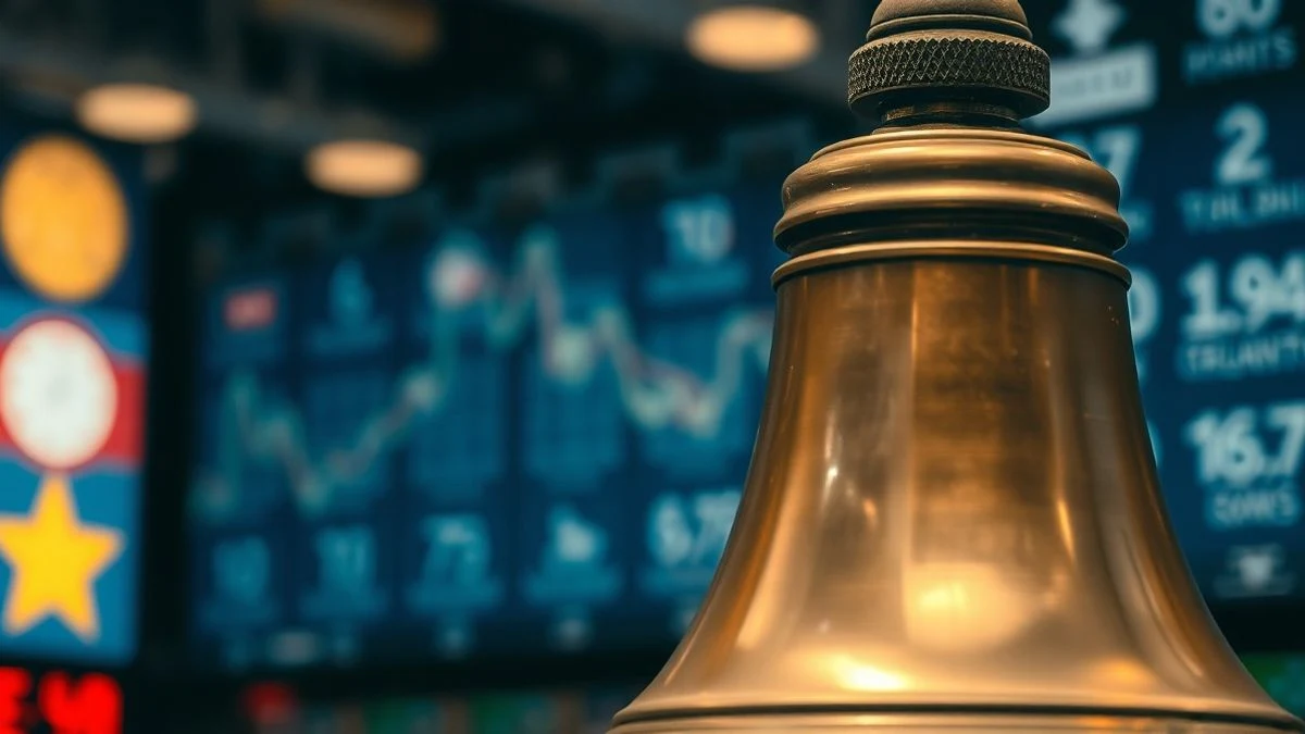 Primer plano de la campana de la Bolsa con fondo desenfocado de un parqué