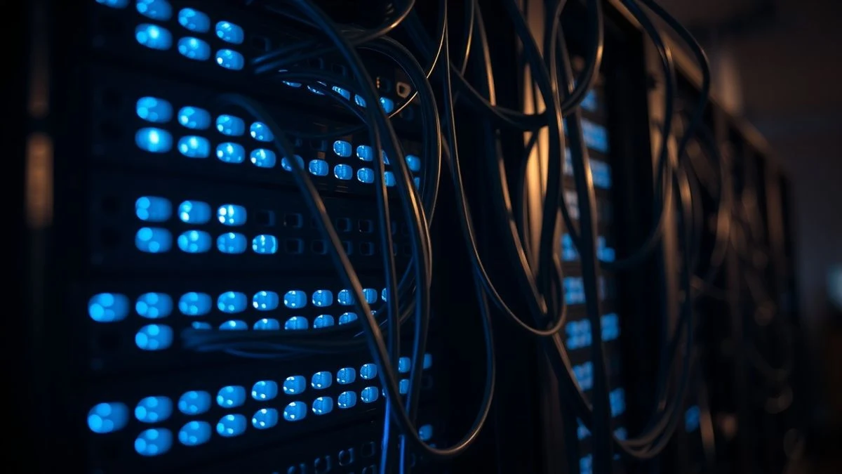 Imagen ilustrativa: detalle de un rack de servidores con luces LED azules y cables, en un centro de datos genérico.