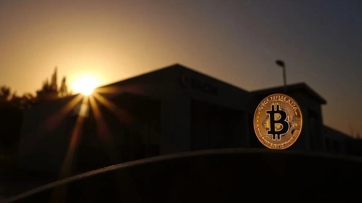 Silueta de un edificio bancario moderno al atardecer con un símbolo de moneda digital brillando en primer plano
