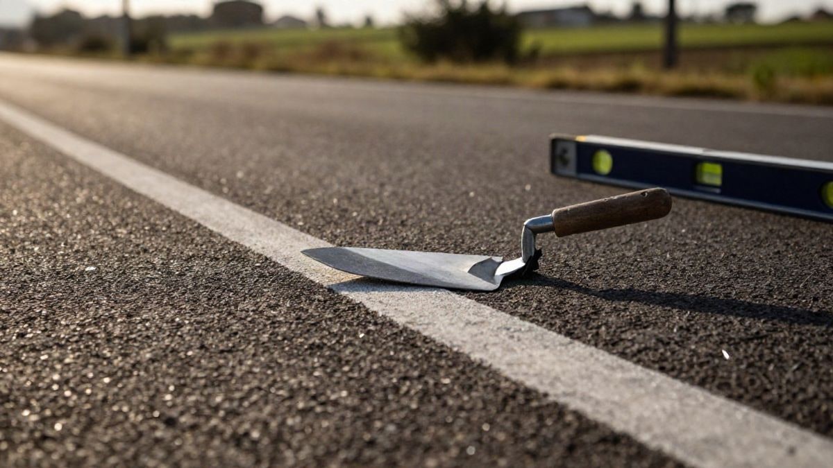 Illustrative image: close-up of a newly asphalted road with white road markings and construction tools