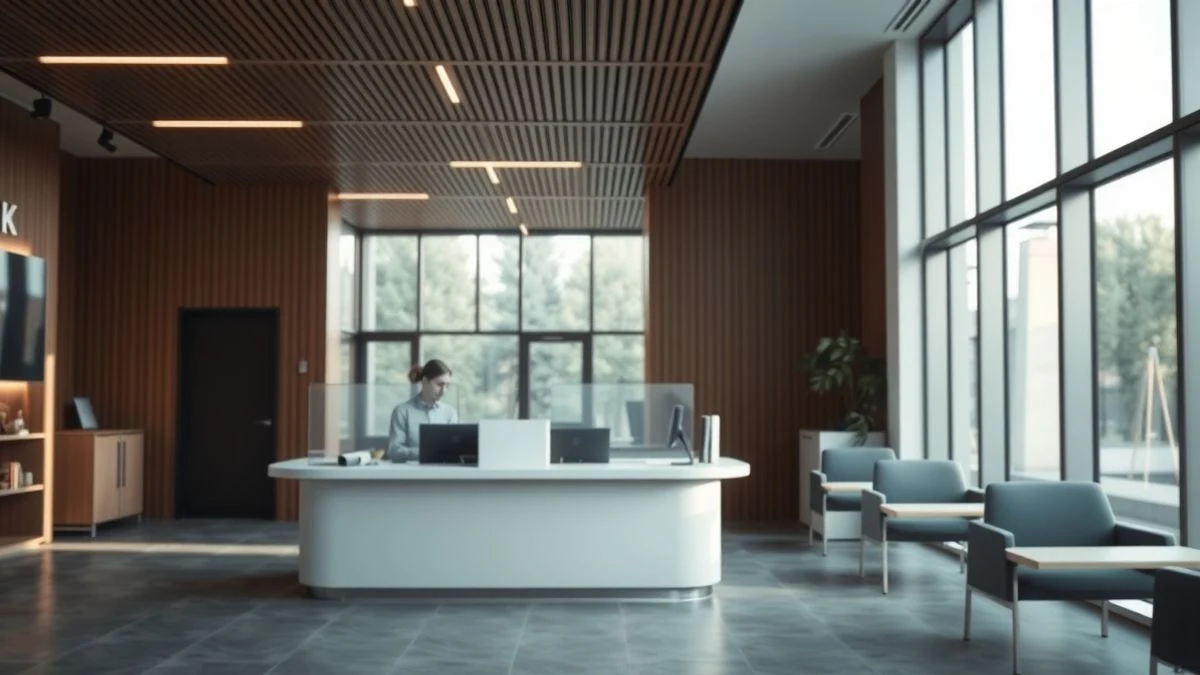 Imagen ilustrativa: interior de una oficina bancaria moderna con módulos de atención privados y luz natural, sin personas.