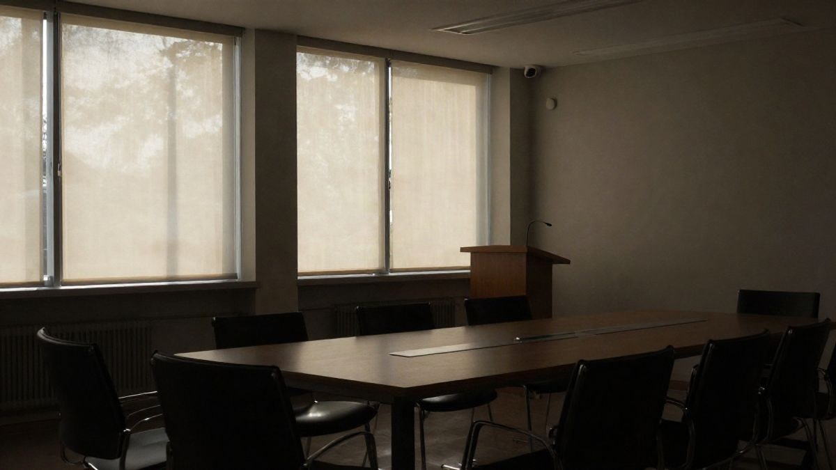 Illustrative image: modern conference room with empty podium and natural light coming through a side window