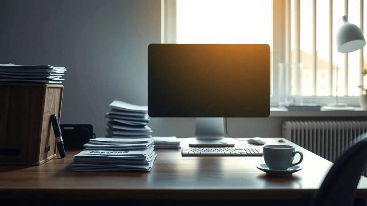 Imagen ilustrativa: un escritorio de oficina vacío con un ordenador, papeles y una taza de café, iluminado por la luz de la mañana.