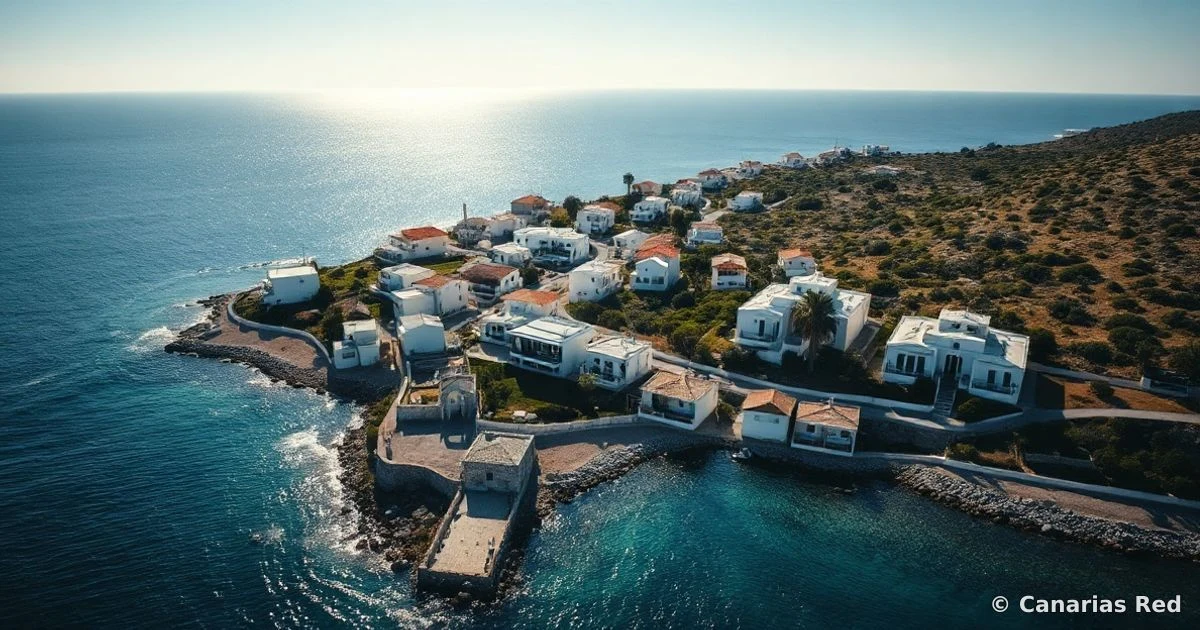 Vista aérea de un pueblo costero en La Palma con casas blancas y apartamentos turísticos al atardecer