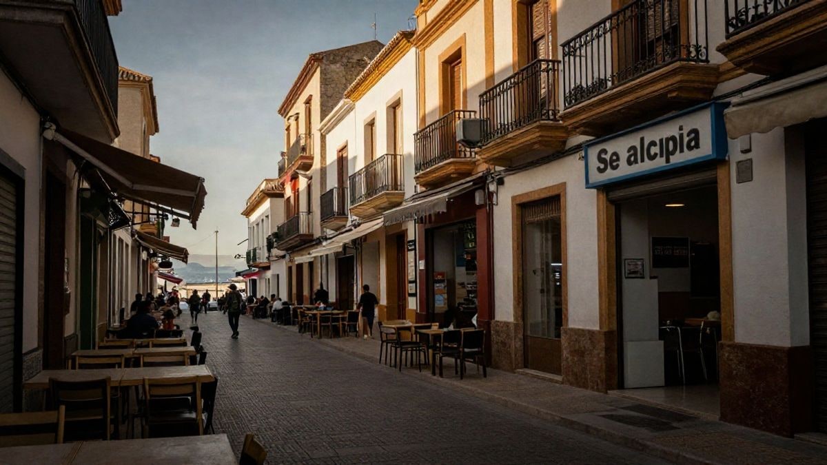 Imagen ilustrativa: calle comercial de una localidad costera andaluza con un cartel de alquiler en primer plano y transeúntes desenfocados al fondo