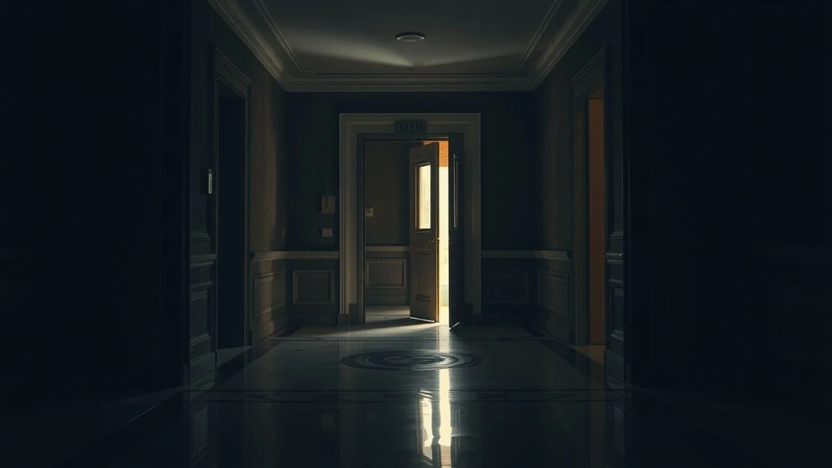 Imagen ilustrativa: un pasillo institucional con luz artificial y una puerta entreabierta, sin personas.