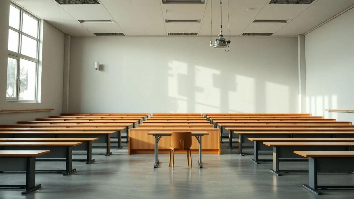 Aula vacía de la Universidad de Sevilla con pupitres y luz natural