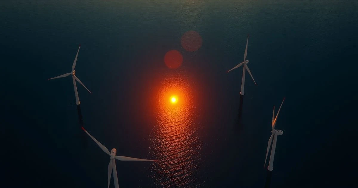 Vista aérea de aerogeneradores marinos en el Mar del Norte al atardecer