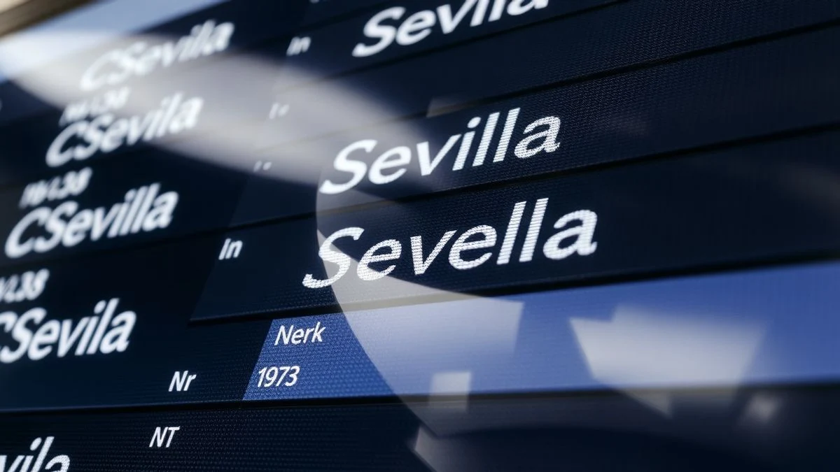 Panel de salidas de un aeropuerto con destinos como Sevilla y Nueva York, enfoque nítido