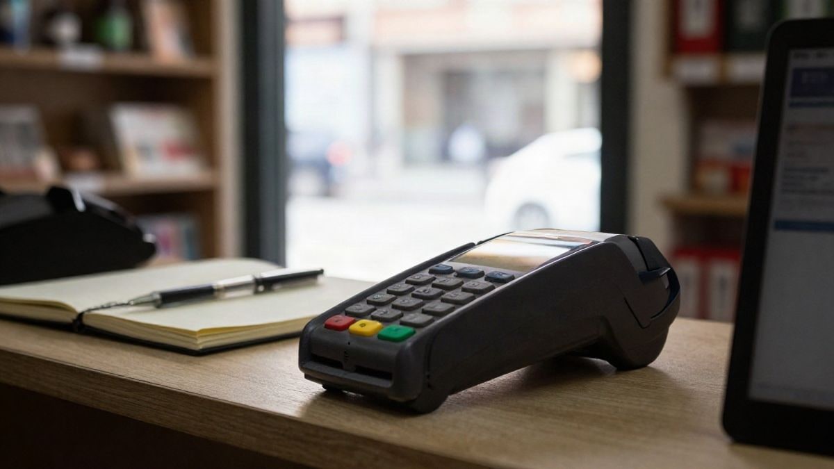 Imagen ilustrativa: primer plano de un mostrador de comercio con datáfono y libreta