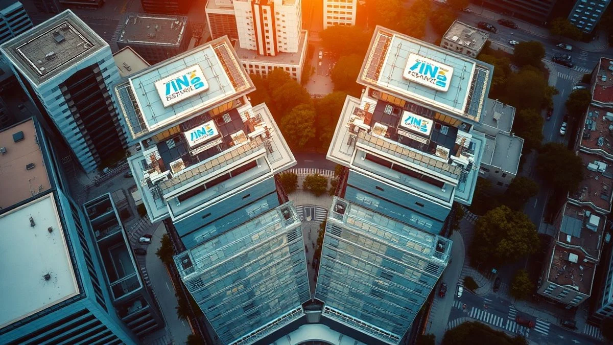 Imagen ilustrativa: vista aérea cenital de dos edificios de oficinas modernos en un distrito financiero, con luz natural dramática
