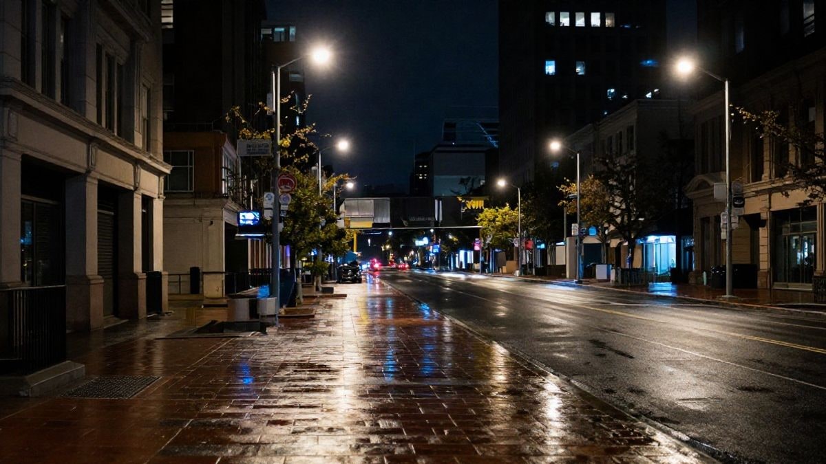 Illustrative image: streets of the financial district illuminated by streetlights and dim neon, showing a night atmosphere without people.