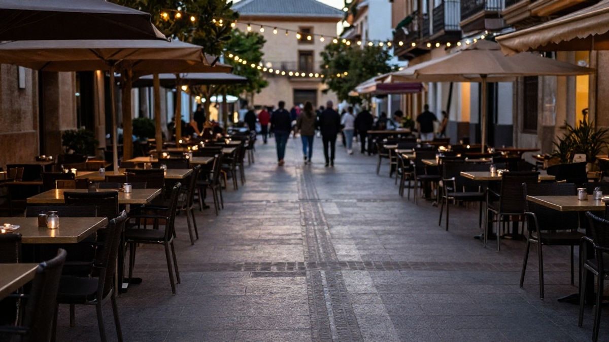 Illustrative image: bar terrace at sunset with empty tables and chairs in a square