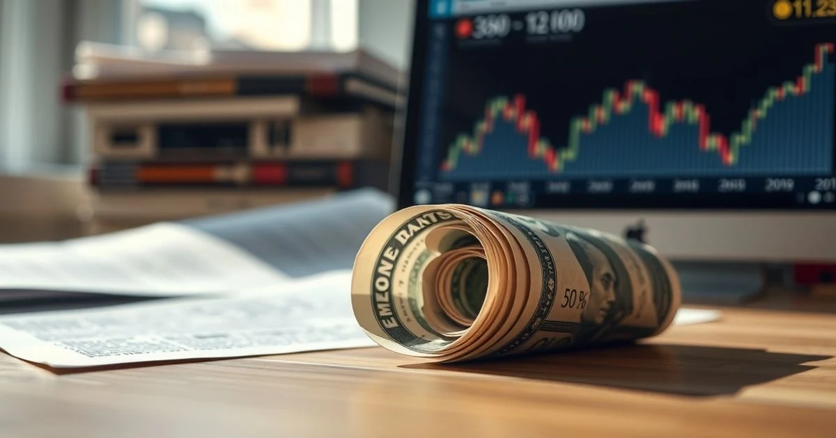 Primer plano de un billete de dólar parcialmente enrollado sobre un escritorio de madera, con un periódico financiero y una pantalla de ordenador con gráfico bajista al fondo