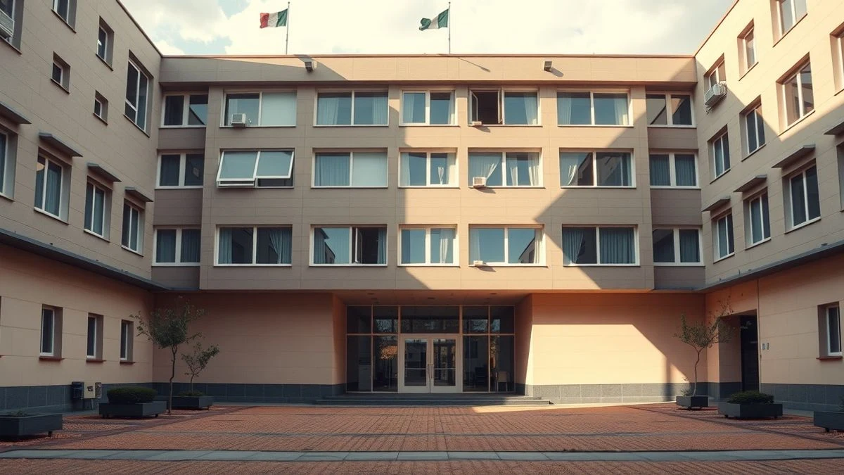 Fachada de un edificio universitario moderno con luz natural dramática y un patio vacío
