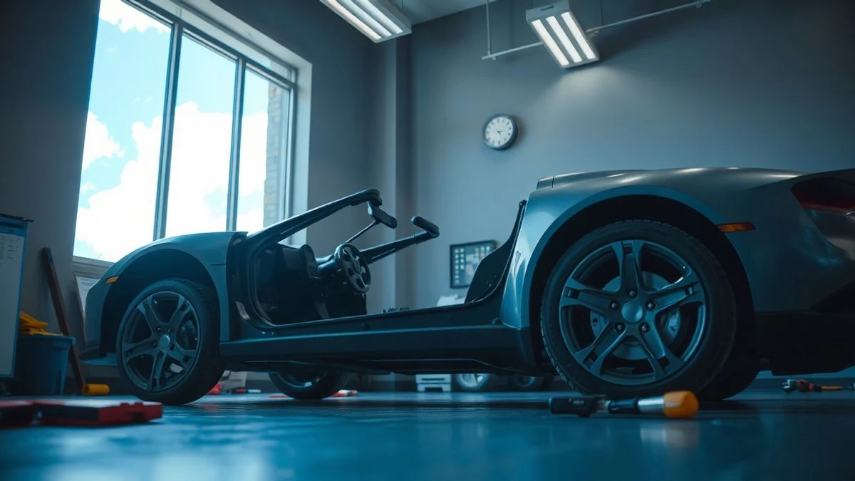 Chasis de auto eléctrico en taller escolar con herramientas y cielo de fondo