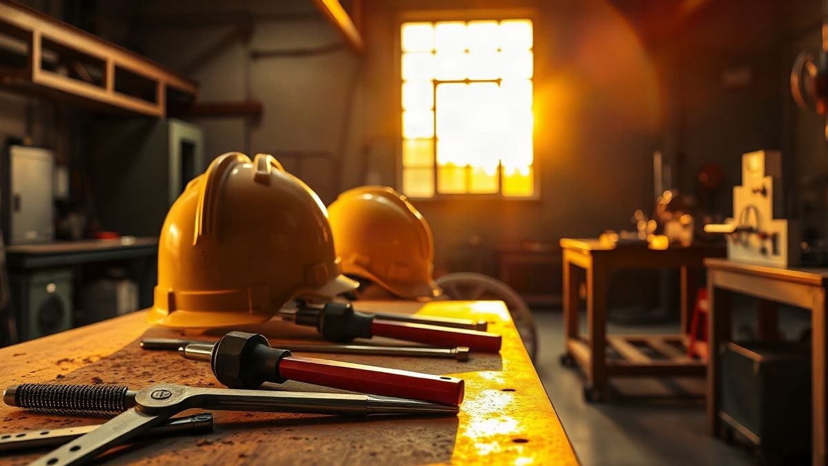 Illustrative image: industrial workshop with tools and safety helmets backlit at sunset
