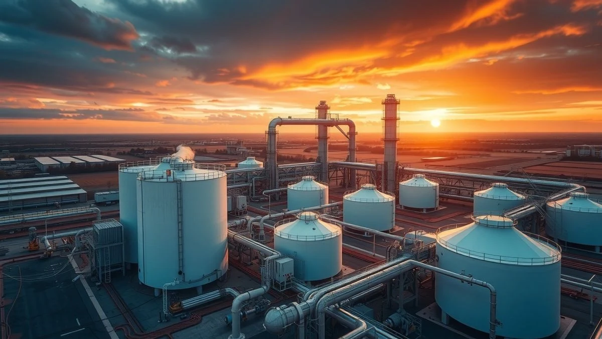 Imagen ilustrativa: vista aérea de un complejo industrial con electrolizadores y tanques de almacenamiento al atardecer.