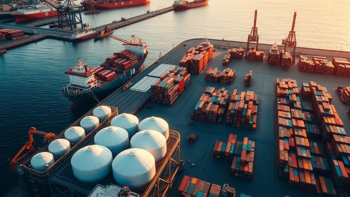 Imagen ilustrativa: vista aérea de un puerto comercial al atardecer, con barcos atracados, contenedores y grúas.