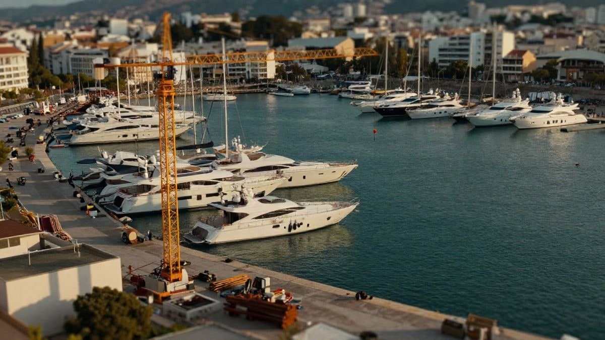Illustrative image: aerial view of a Mediterranean marina with yachts and construction cranes at sunset.