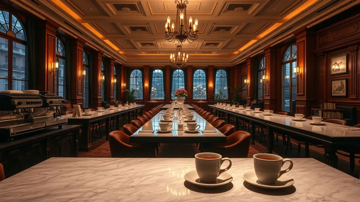 Salón Atlántico del NH Gran Hotel Provincial con mesas para degustación de café y máquinas de espresso
