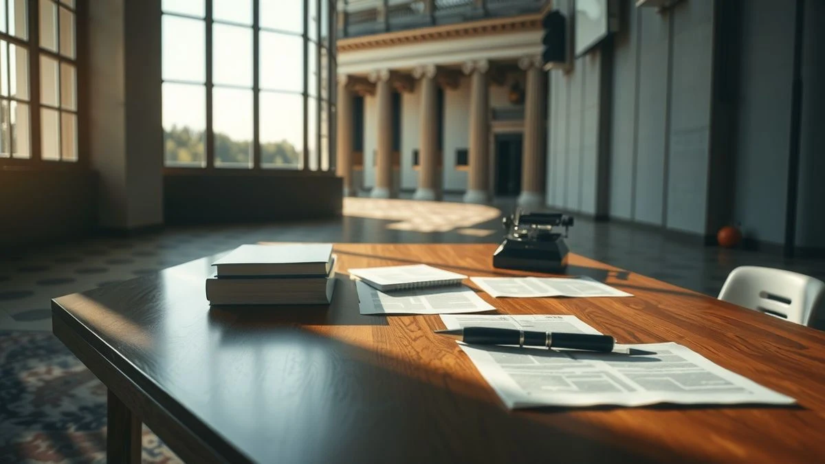 Imagen ilustrativa: vista cenital de documentos y carpetas sobre una mesa, con luz natural y un edificio institucional al fondo desenfocado.