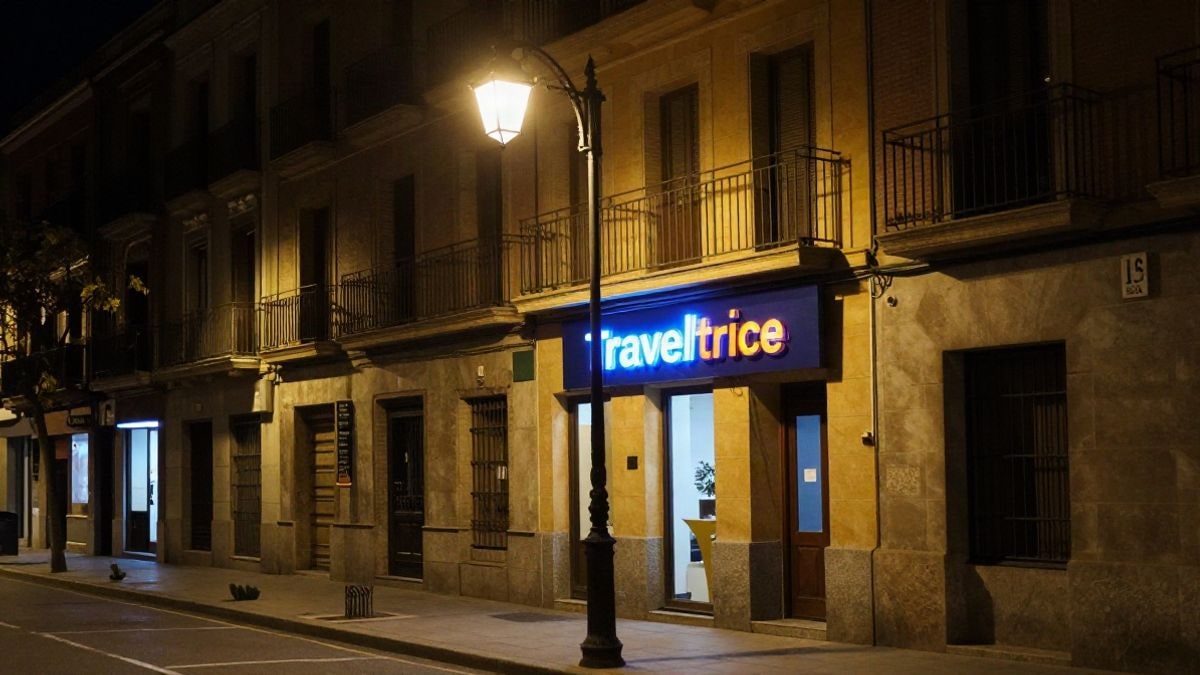 Imagen ilustrativa: vista nocturna de una agencia de viajes con luces artificiales, sin personas ni elementos identificables.