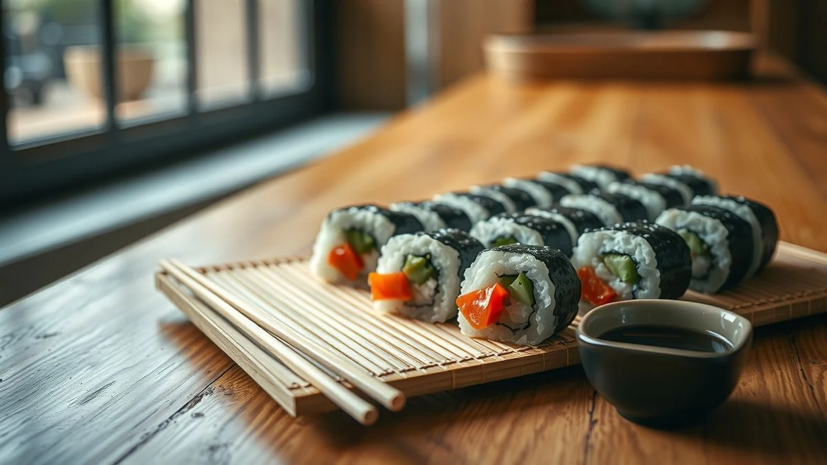 Imagen ilustrativa: primer plano de un mostrador de madera con sushi fresco sobre una estera de bambú, palillos y un cuenco de salsa de soja, con luz natural.