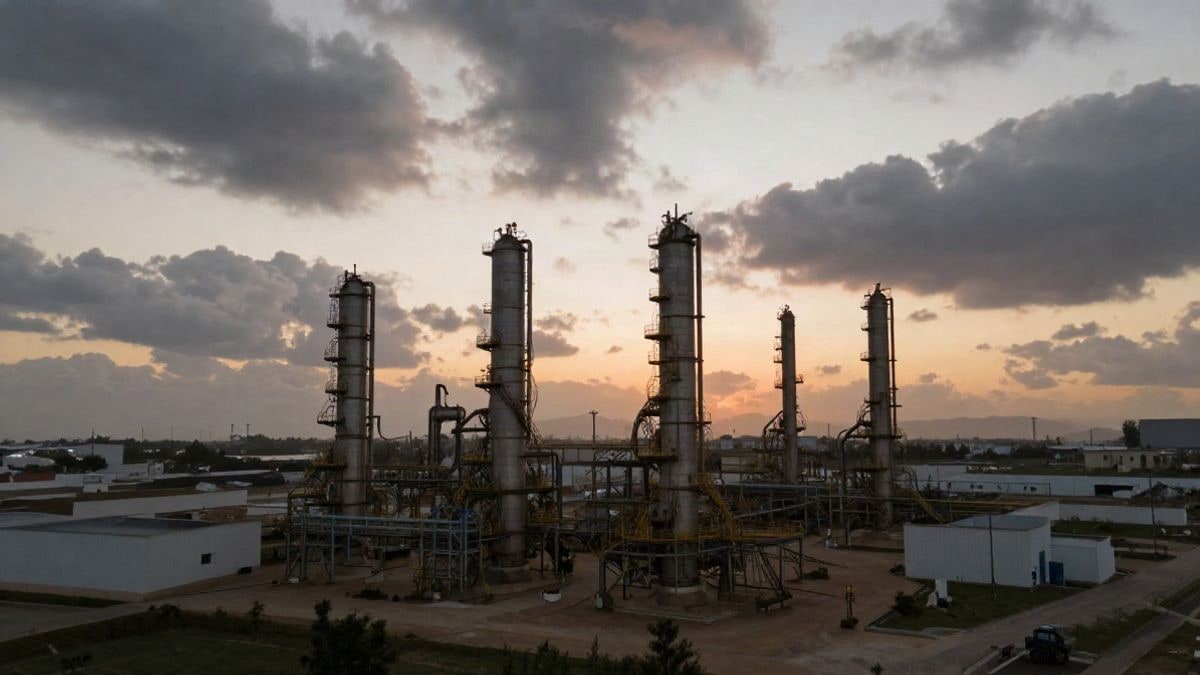 Illustrative image: aerial view of an oil refinery at sunset, with dramatic clouds in the sky.
