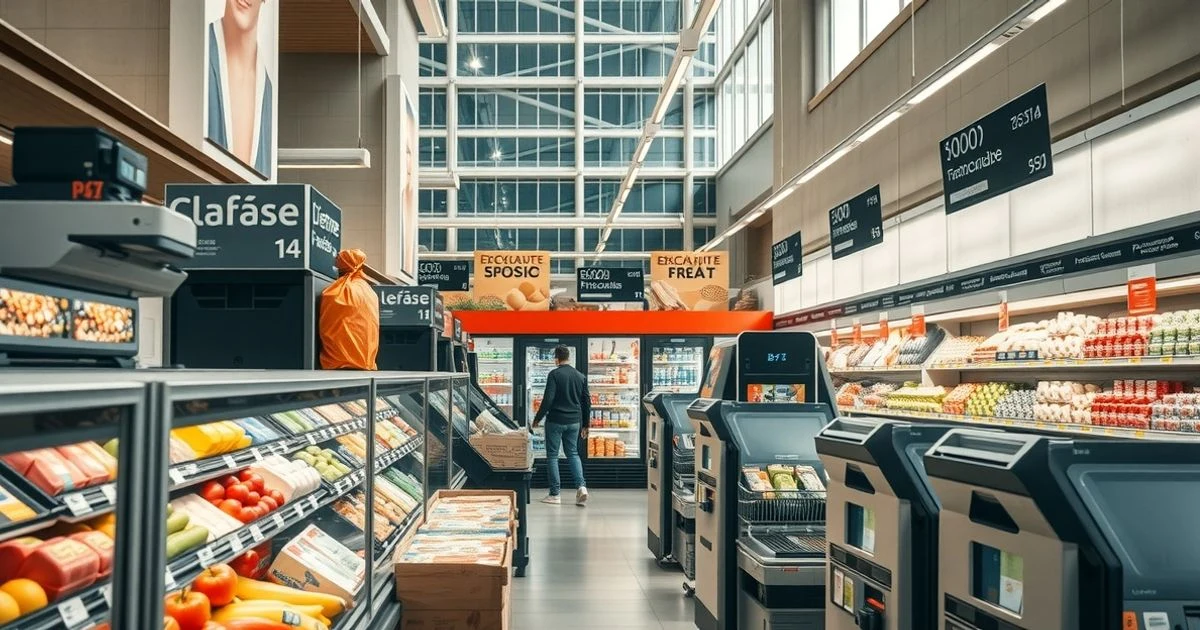 Interior de tienda urbana con zona de frescos, cajas de autocobro y etiquetado electrónico en Triana, Las Palmas de Gran Canaria