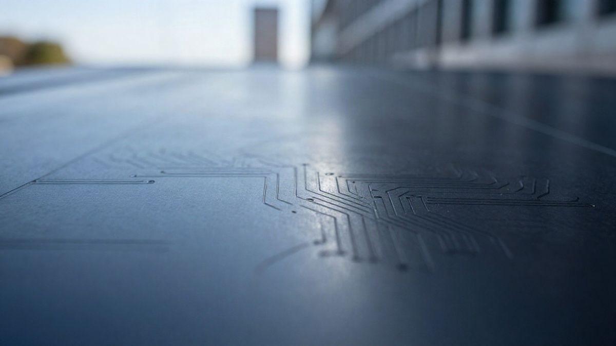 Imagen ilustrativa: detalle de una superficie metálica con líneas grabadas que evocan infraestructura financiera digital