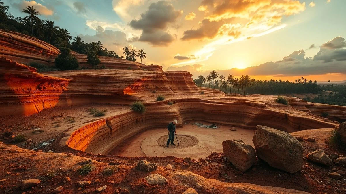 Yacimiento paleontológico en Tailandia con un investigador trabajando entre capas de roca rojiza al atardecer