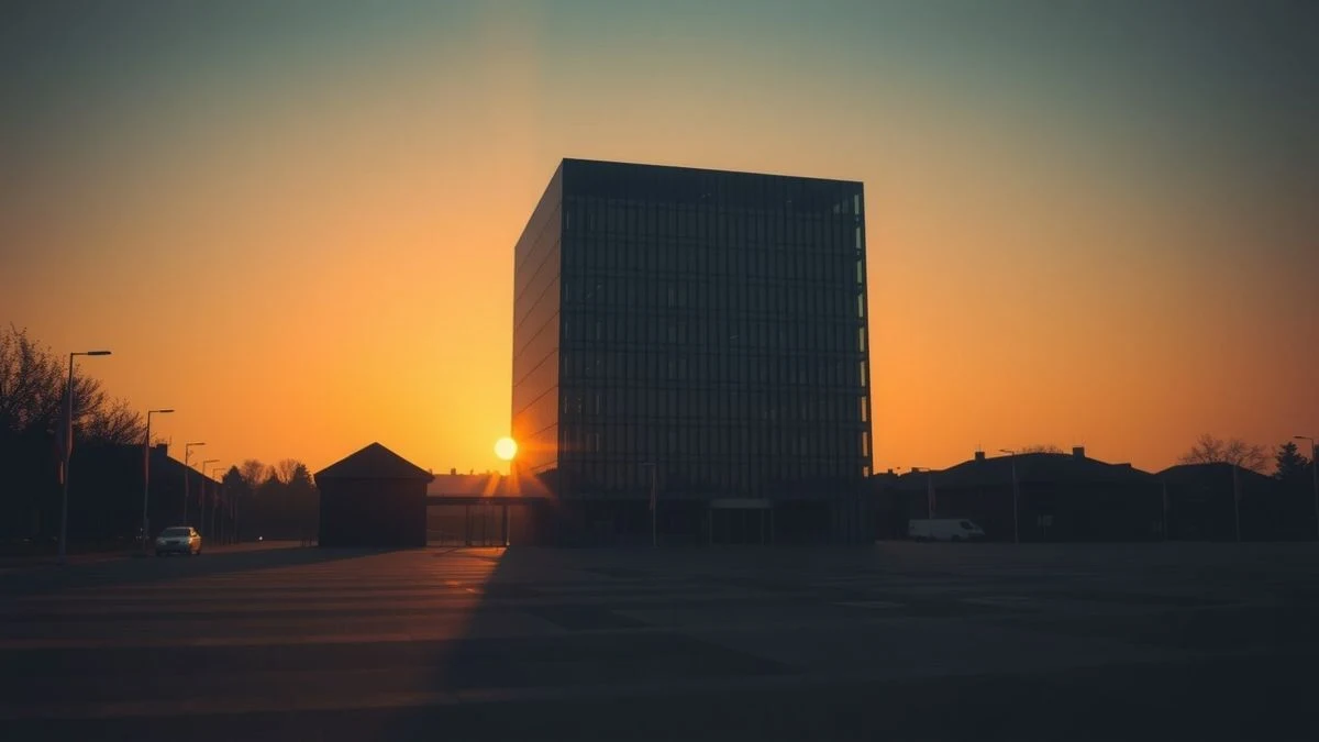 Imagen ilustrativa: fachada de un edificio de oficinas moderno al atardecer, con contraluz y sombras largas.
