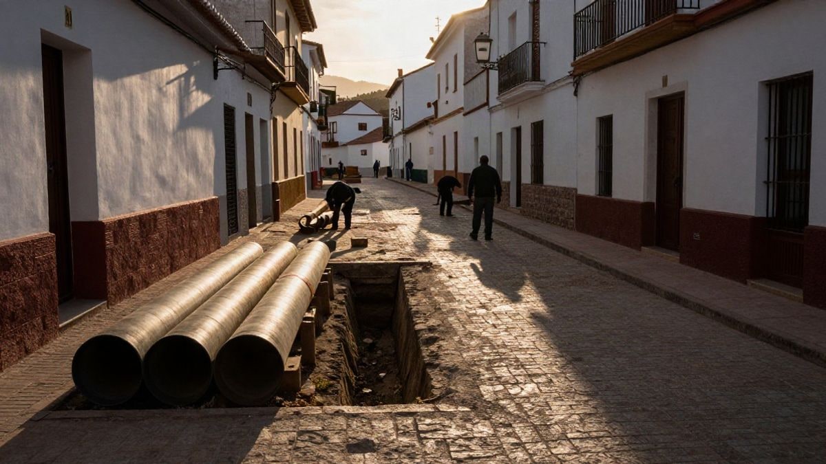 Imagen ilustrativa: zanja con tuberías en una calle empedrada de un pueblo andaluz al atardecer, con siluetas de operarios