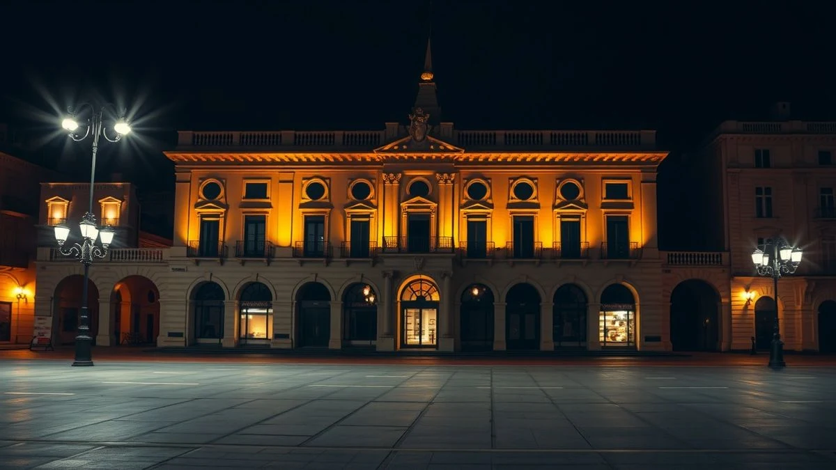 Imagen ilustrativa: fachada del Congreso de los Diputados iluminada por la noche con farolas y luz ambiental.
