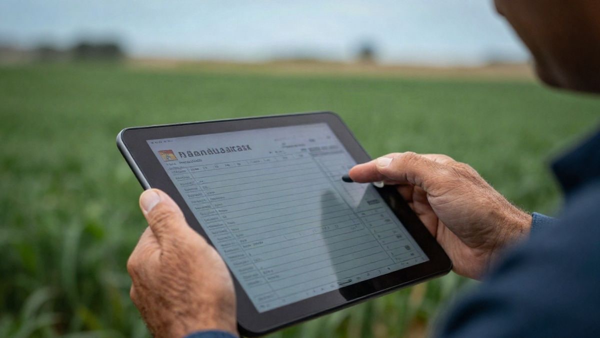 Imagen ilustrativa: manos de agricultor sosteniendo una tableta con un formulario, campo de fondo desenfocado