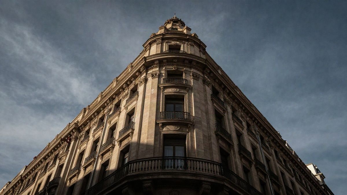 Illustrative image: view of an iconic building in a Spanish city, with a dramatic sky in the background, without people or identifiable elements.