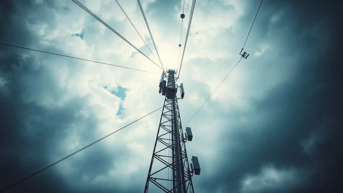 Imagen ilustrativa: una torre de telecomunicaciones recortada contra un cielo nublado y dramático, con cables y antenas en silueta.