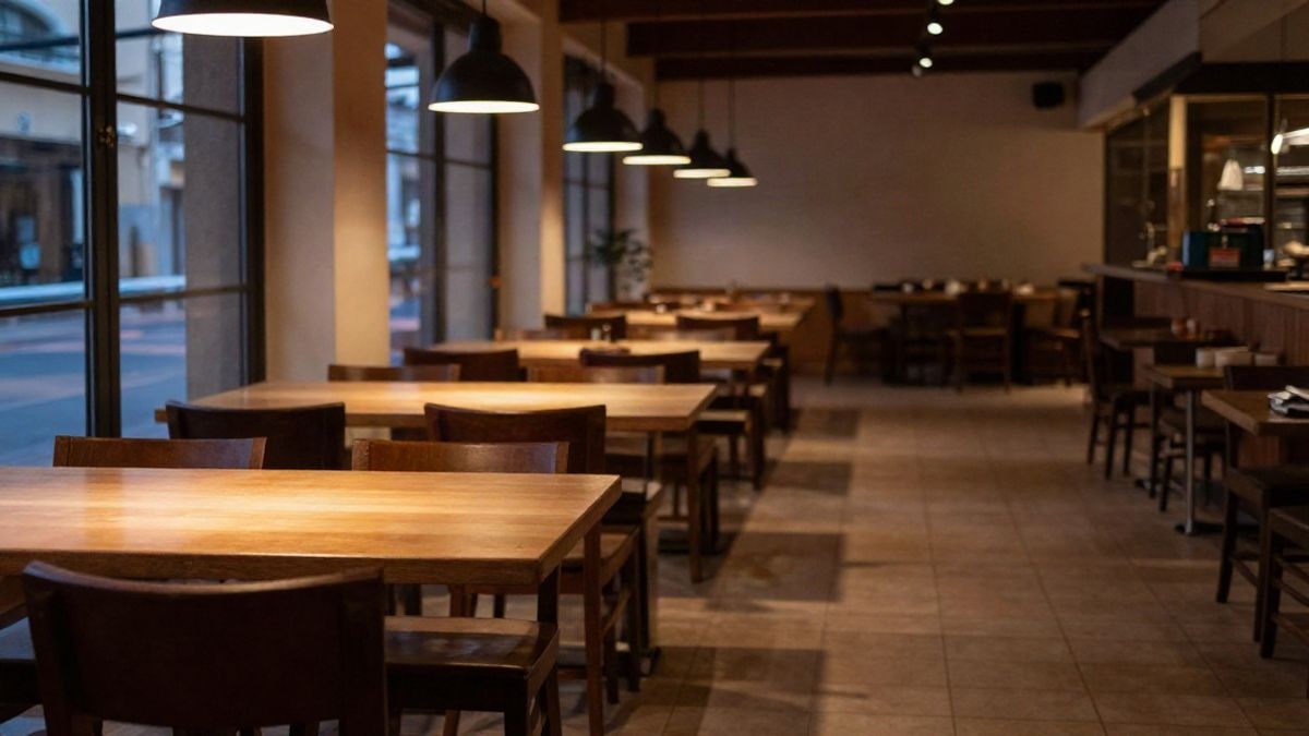 Illustrative image: interior of an empty restaurant with neatly arranged tables and chairs at sunset