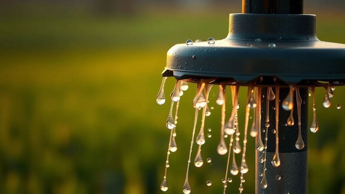 Primer plano de un aspersor de riego moderno con gotas de agua al atardecer, campos verdes al fondo.