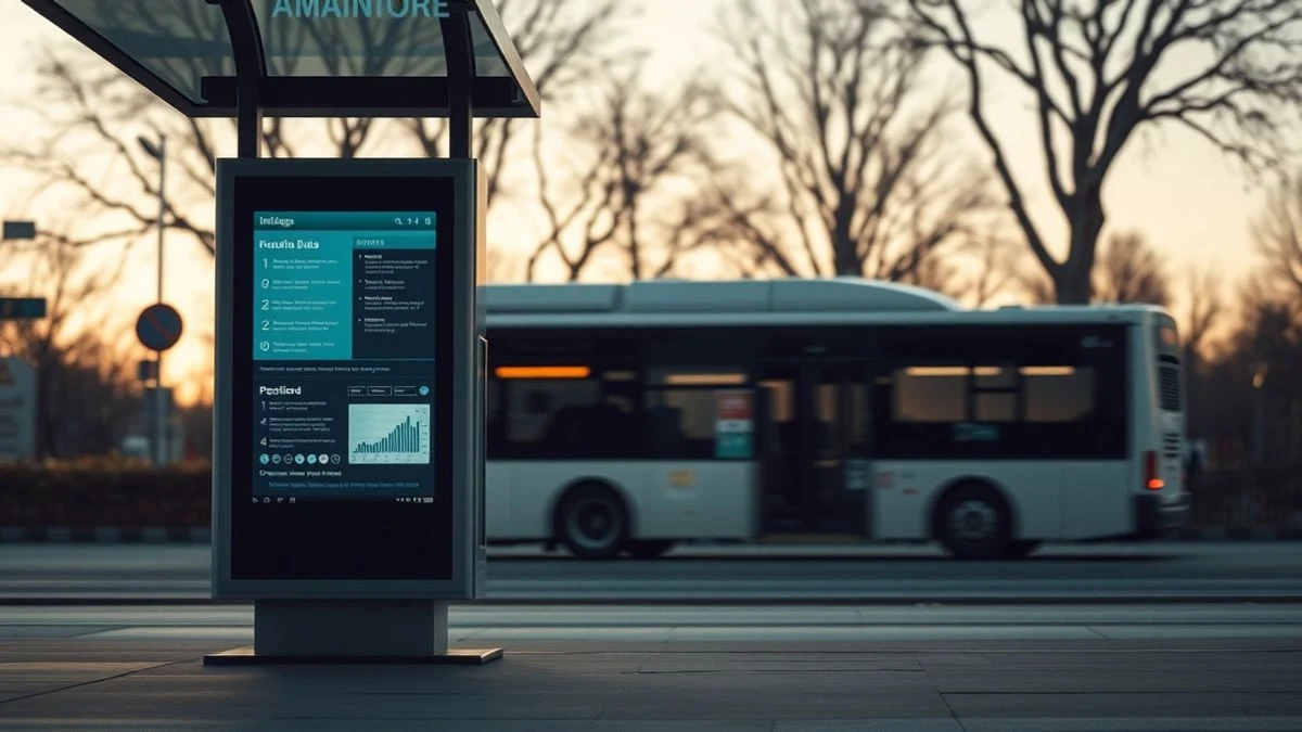 Parada de autobús moderna con panel informativo digital al atardecer en Lanzarote, con un autobús acercándose al fondo