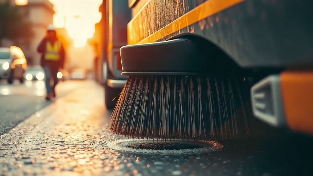 Illustrative image: close-up of a street cleaning brush on a street at dawn