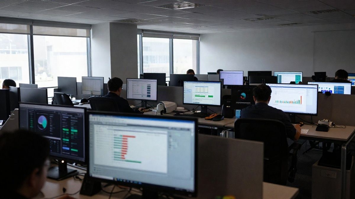 Illustrative image: modern office environment with digital screens showing graphs and data, representing technology use in business.